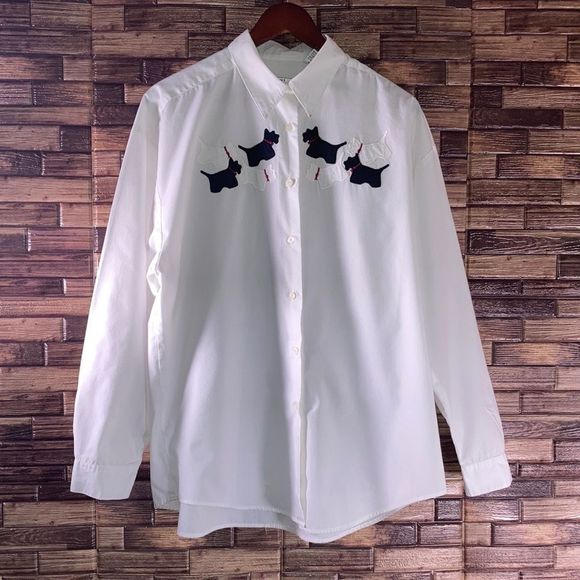 Vintage Witt's End Size Large Womens Top White W/ Scottish Dog Prints - Picture 1 of 10